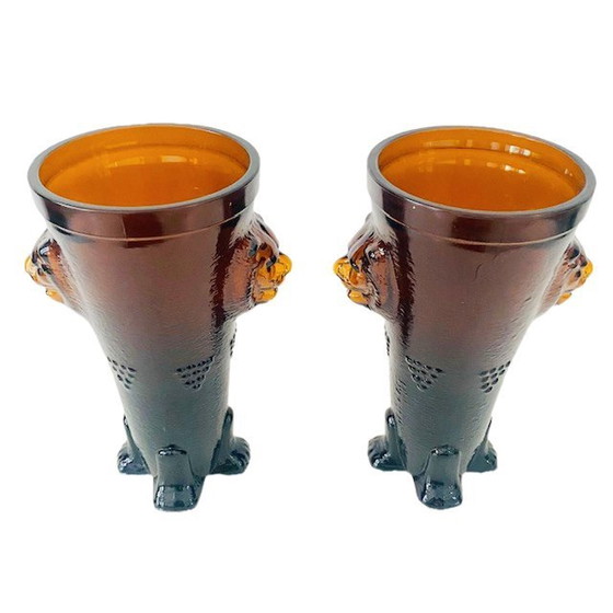 Image 1 of Mid - Century Lion vases set in amber ochre glass 1970's