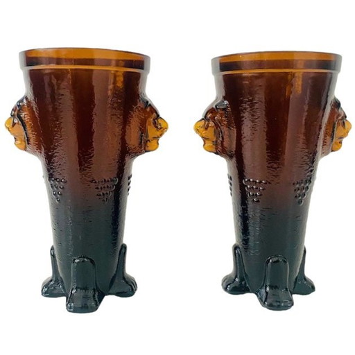 Mid - Century Lion vases set in amber ochre glass 1970's