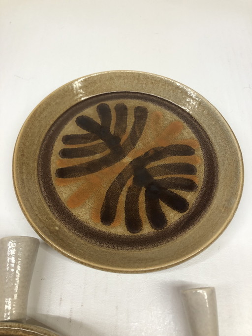 Lot De 3 Plats Type Caquelons En Céramique Vintage De Pornic, Décor Palmyre.