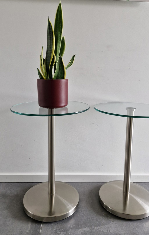 Two Side Tables - Stainless Steel With Thick Glass - Retro Design