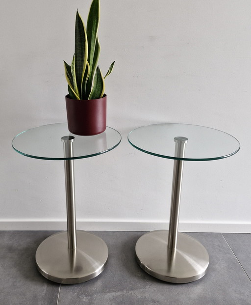 Two Side Tables - Stainless Steel With Thick Glass - Retro Design