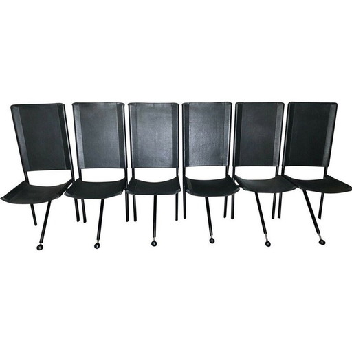 Set of 6 vintage tripod chairs in black grained leather and black tubular metal, 1970