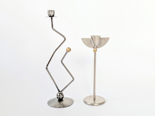 Pair of Stainless Steel Candleholders | Memphis Style Design | 1980's