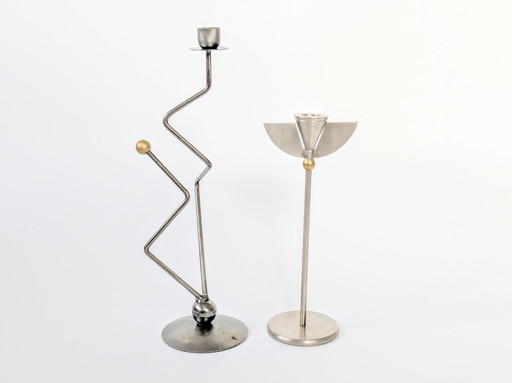 Pair of Stainless Steel Candleholders | Memphis Style Design | 1980's