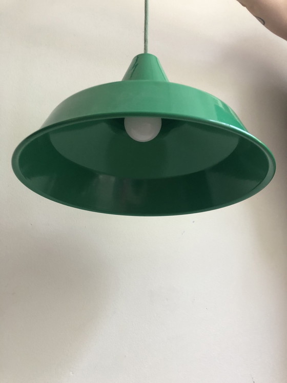 Image 1 of 2x Vintage enamel green lamps with green cord