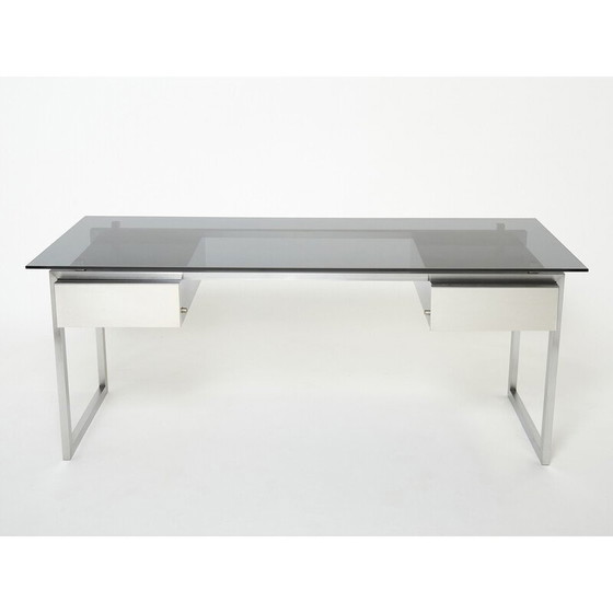 Image 1 of Vintage desk in brushed stainless steel and grey smoked glass by Patrice Maffei for Kappa, 1970