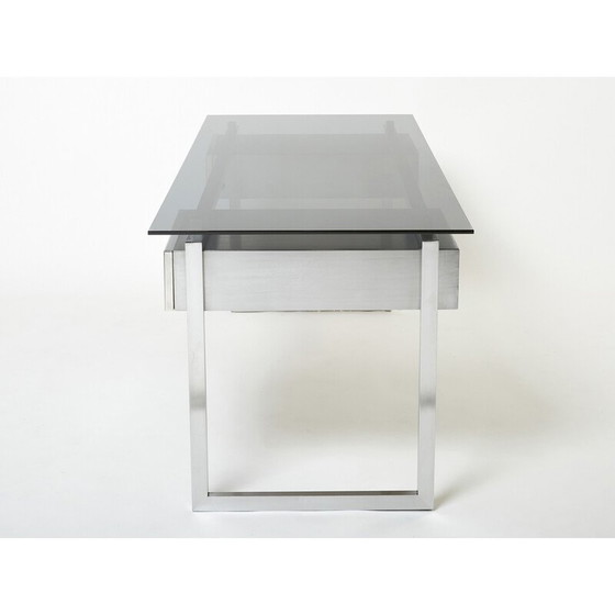 Image 1 of Vintage desk in brushed stainless steel and grey smoked glass by Patrice Maffei for Kappa, 1970