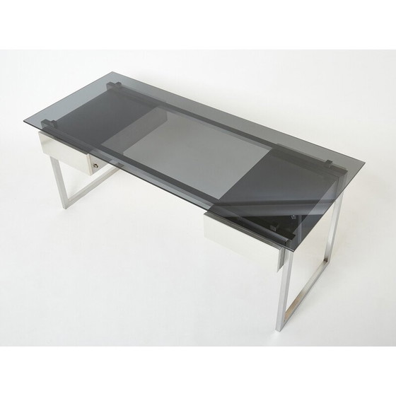 Image 1 of Vintage desk in brushed stainless steel and grey smoked glass by Patrice Maffei for Kappa, 1970