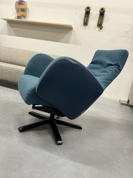 Image 1 of Prominent Recliner With Footstool Blue Fabric Leather