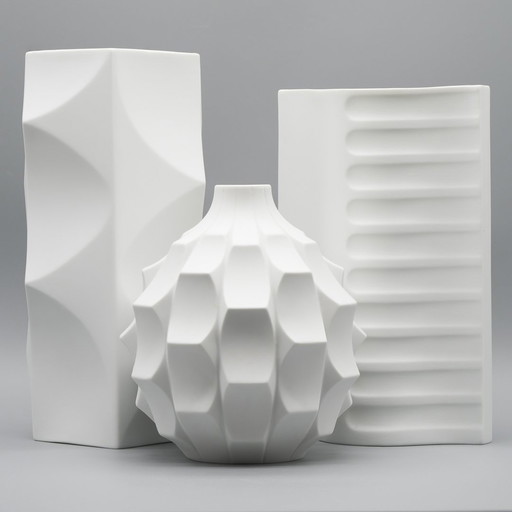 Archais Heinrich Fuchs Op Art Retro Hutschenreuther Bisque Porcelain Vase Trio
