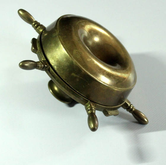 Image 1 of Solid brass ashtray in the shape of a steering wheel with candle holder - Vintage
