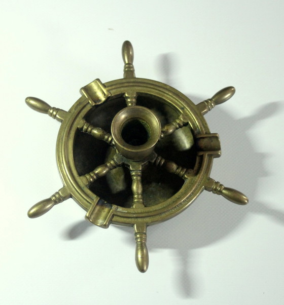 Image 1 of Solid brass ashtray in the shape of a steering wheel with candle holder - Vintage