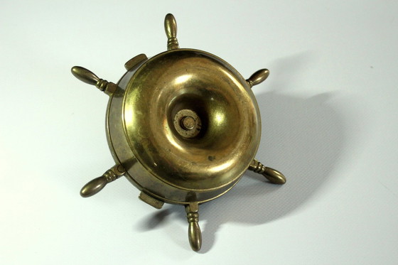 Image 1 of Solid brass ashtray in the shape of a steering wheel with candle holder - Vintage
