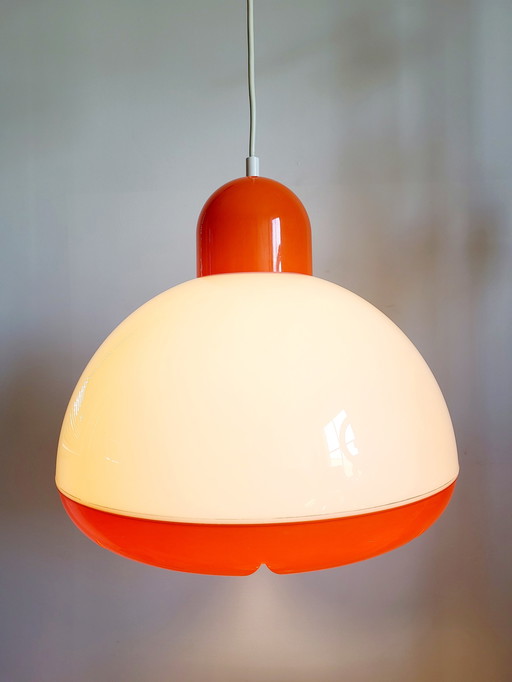 Vintage plexiglass space age pendant lamp, orange and white, probably 1970s