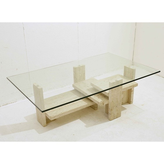 Image 1 of Mid-century glass and travertine coffee table, 1970s