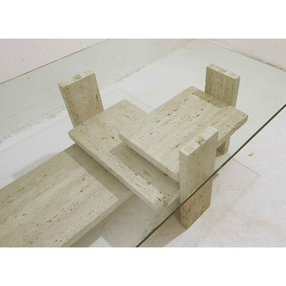 Image 1 of Mid-century glass and travertine coffee table, 1970s