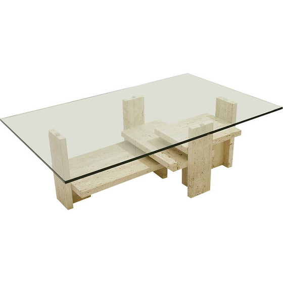 Image 1 of Mid-century glass and travertine coffee table, 1970s