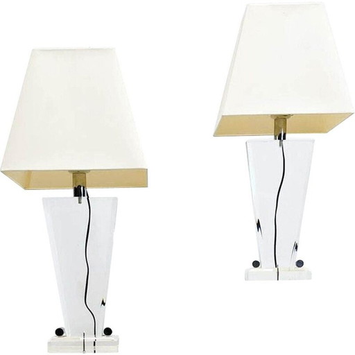 Pair of vintage plexiglass table lamps with shade, Italy 1970