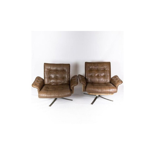 Pair of vintage armchairs upholstered in brown leather and metal frame, Denmark 1970