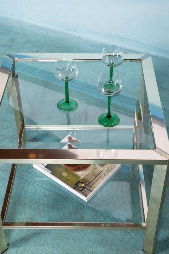 Image 1 of Tavolino da caffè minimalista in ottone e vetro, tavolino da caffè Regency anni &#39;70