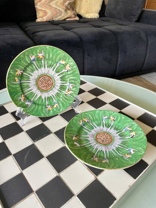 Pair Of Bok Choy Butterfly Chinese Porcelain Plates