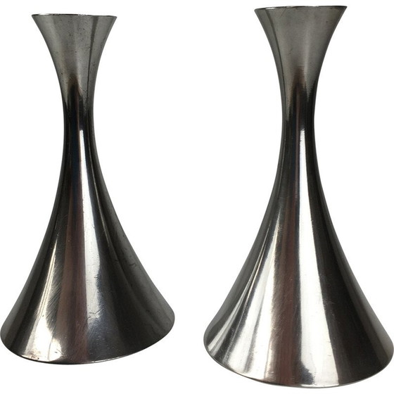 Image 1 of Pair of vintage Art Deco pewter candlesticks by Just Andersen, Denmark 1940s