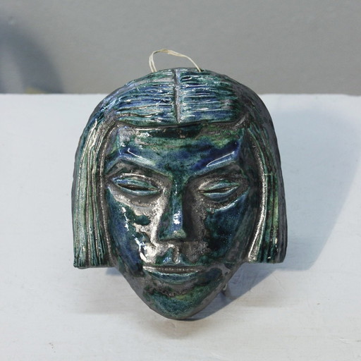 Ceramic Mask Female Face Turquoise Enamel Signature Accolay