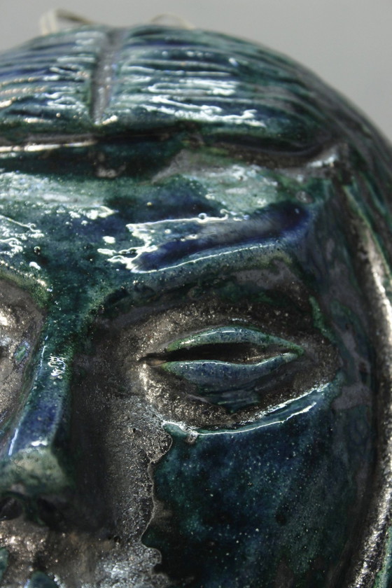 Image 1 of Ceramic Mask Female Face Turquoise Enamel Signature Accolay