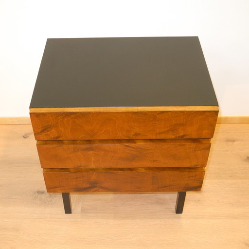 Mini-commode, Bouleau flammé teinté avec plateau en Resopal noir, années 1960