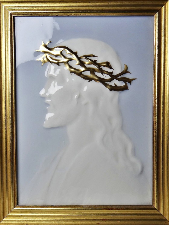 Image 1 of Large Framed Plaque, Limoges Porcelain 1930-40, Christ