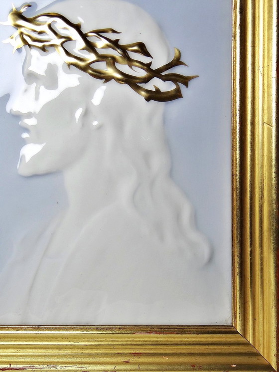 Image 1 of Large Framed Plaque, Limoges Porcelain 1930-40, Christ