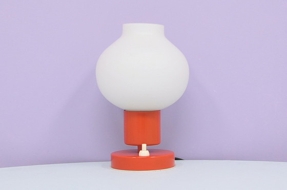 Image 1 of Orange Metal Table Lamp Milk Glass Globe