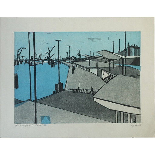 Vintage painting engraving "I am Hafen" by Otto Eglau, 1961