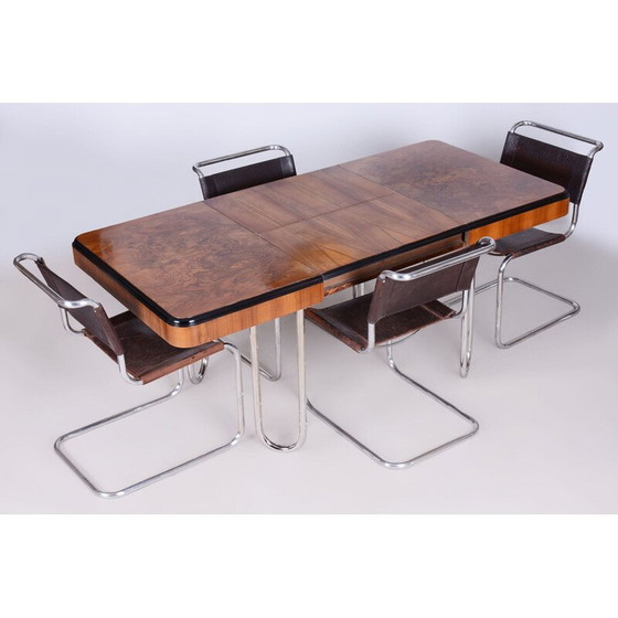 Image 1 of Vintage Bauhaus extendable dining table in walnut veneer and chrome, Czechoslovakia 1930