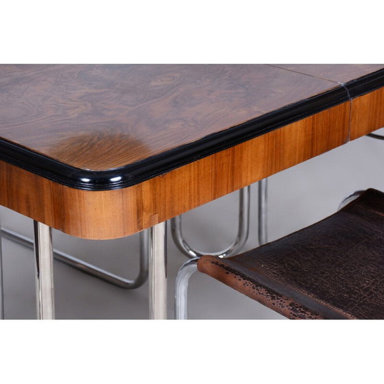 Image 1 of Vintage Bauhaus extendable dining table in walnut veneer and chrome, Czechoslovakia 1930