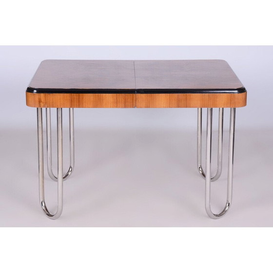 Image 1 of Vintage Bauhaus extendable dining table in walnut veneer and chrome, Czechoslovakia 1930