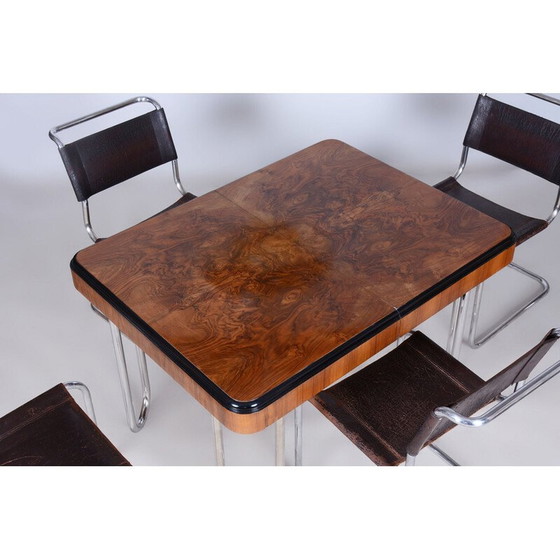 Image 1 of Vintage Bauhaus extendable dining table in walnut veneer and chrome, Czechoslovakia 1930
