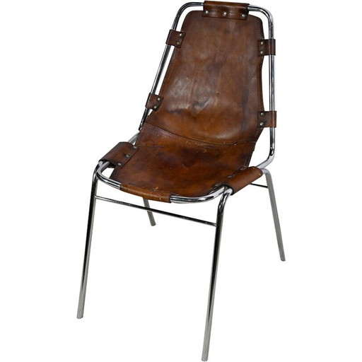 Vintage chair in metal and leather, selected by C. Perriand for Les Arcs, 1960