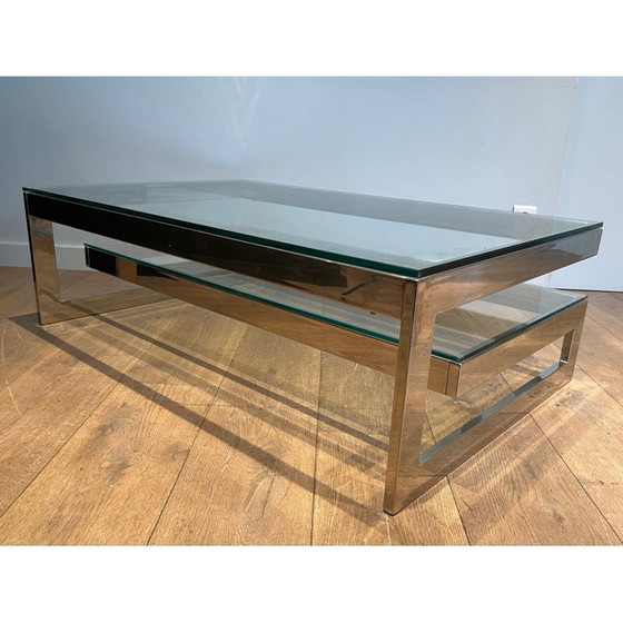 Image 1 of Vintage chrome coffee table with double glass slab, 1970
