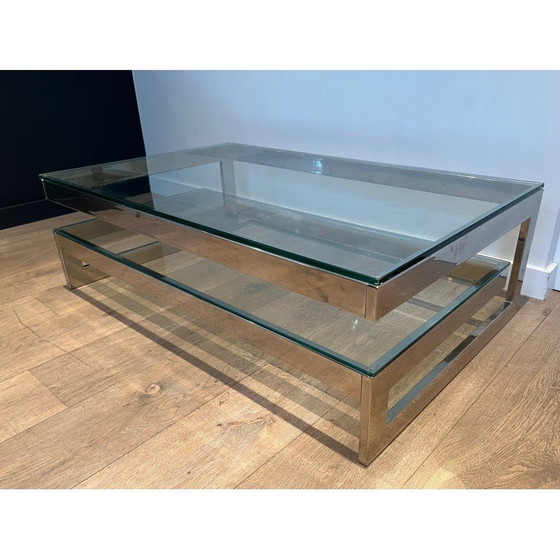 Image 1 of Vintage chrome coffee table with double glass slab, 1970