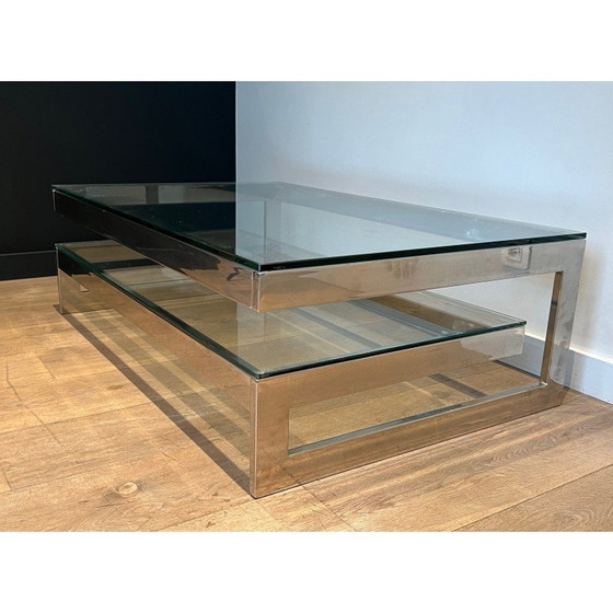 Image 1 of Vintage chrome coffee table with double glass slab, 1970
