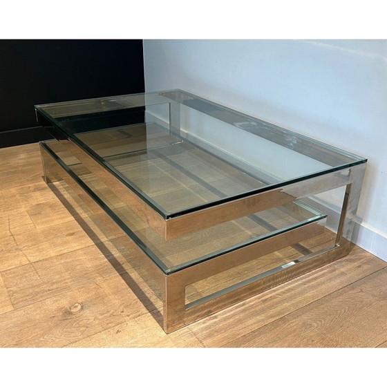 Image 1 of Vintage chrome coffee table with double glass slab, 1970