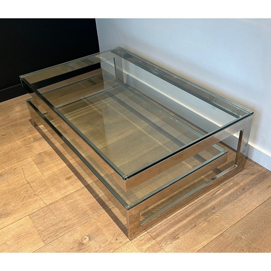 Image 1 of Vintage chrome coffee table with double glass slab, 1970
