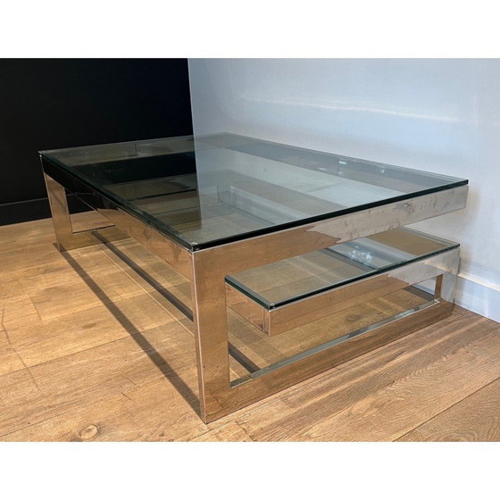 Image 1 of Vintage chrome coffee table with double glass slab, 1970