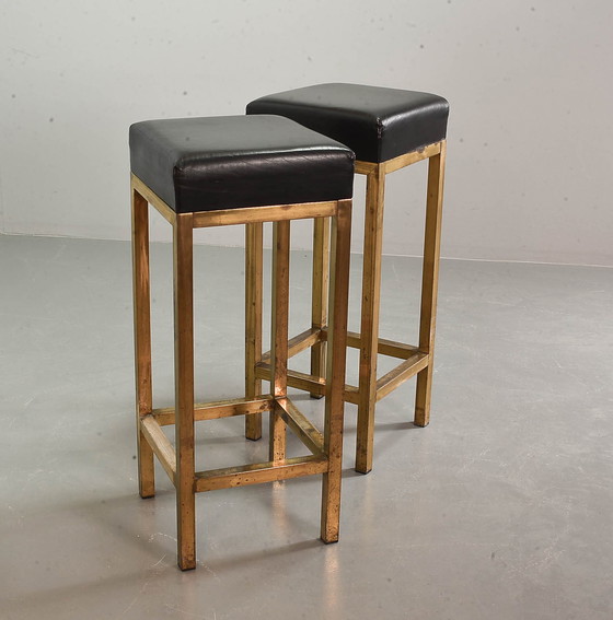 Image 1 of 2 x Square black leather bar stools