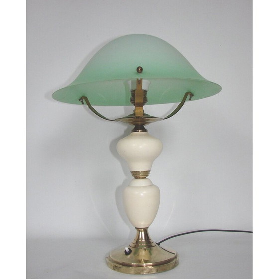 Image 1 of Vintage brass, metal and glass table lamp, 1940