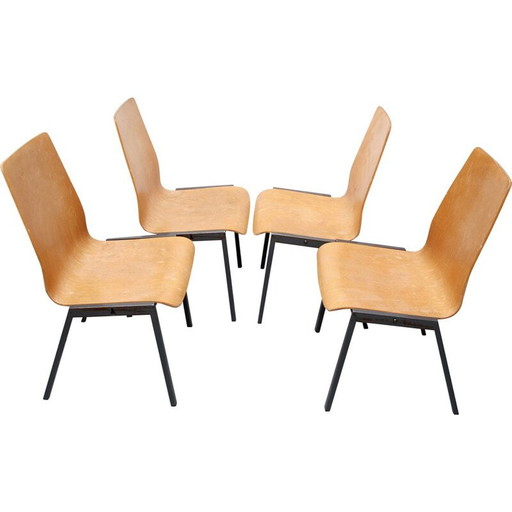 Set of 4 stackable chairs in metal and plywood - 1960s