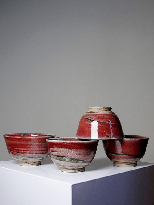 4 Red Marbled Stoneware Mixed Glazed Japanese Tea/Rice Bowls