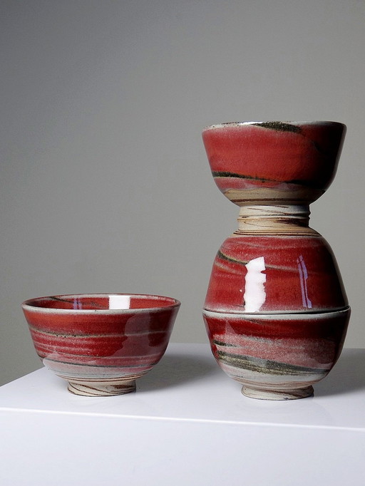 4 Red Marbled Stoneware Mixed Glazed Japanese Tea/Rice Bowls