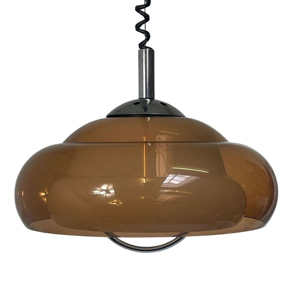 Image 1 of Herda - Mushroom Hanging Pendant - Smoked Acrylic And White Shade - Dutch Design, Space Age